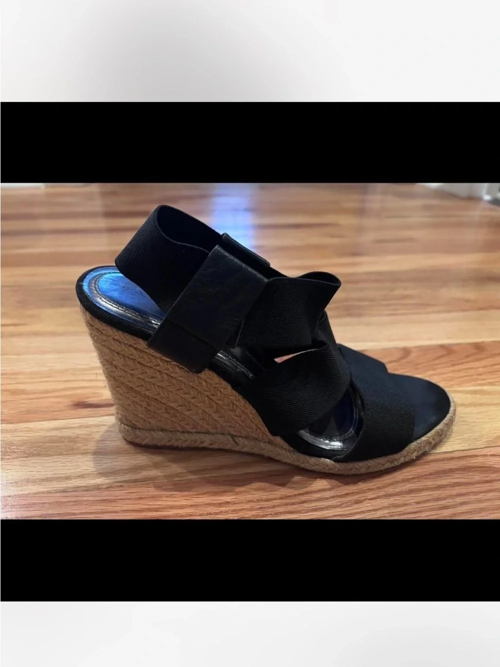 Elie Tahari Black and Natural Espadrille Wedge Sandal